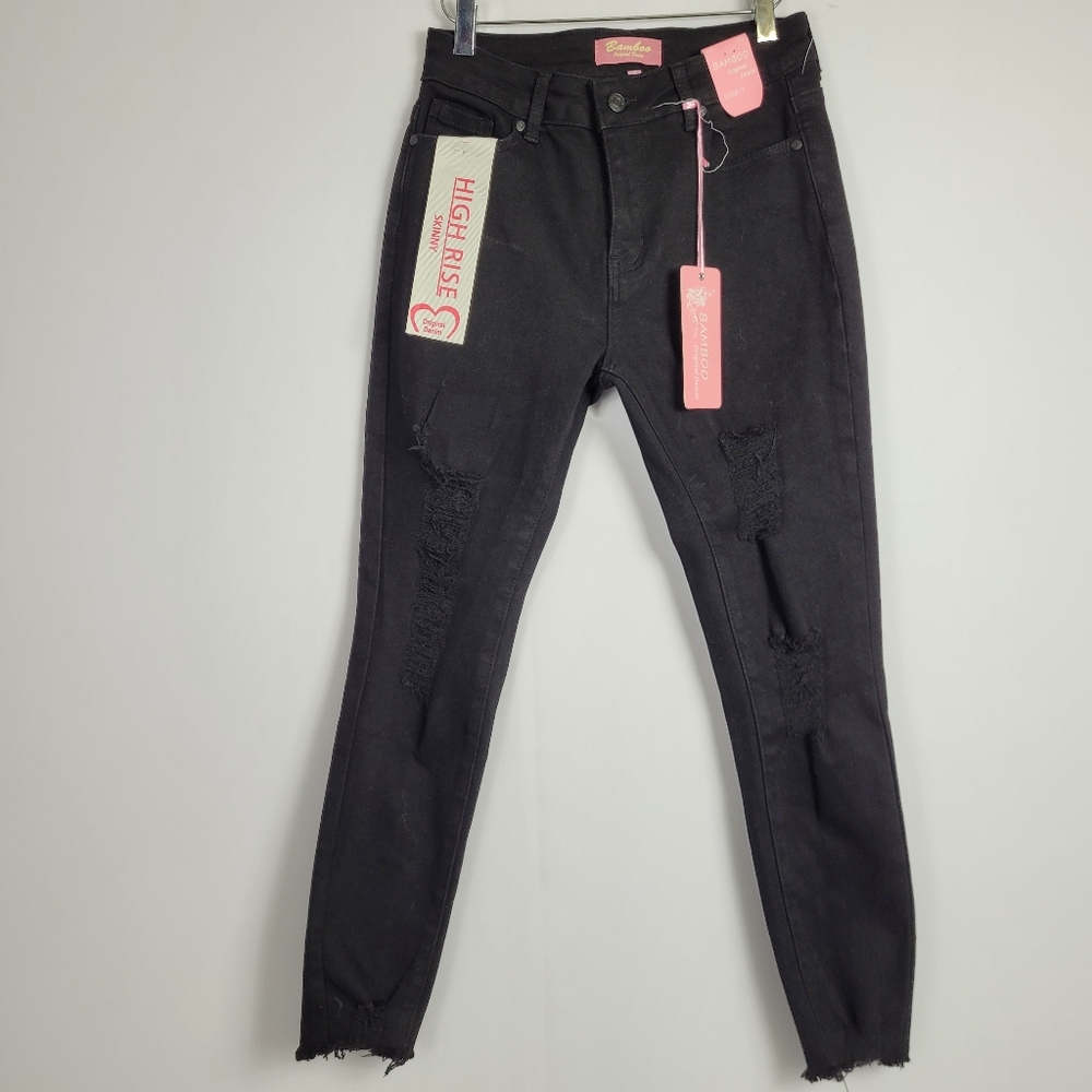 Bamboo High Rise Skinny Factory Distressed Raw Hem Jeans Size 7